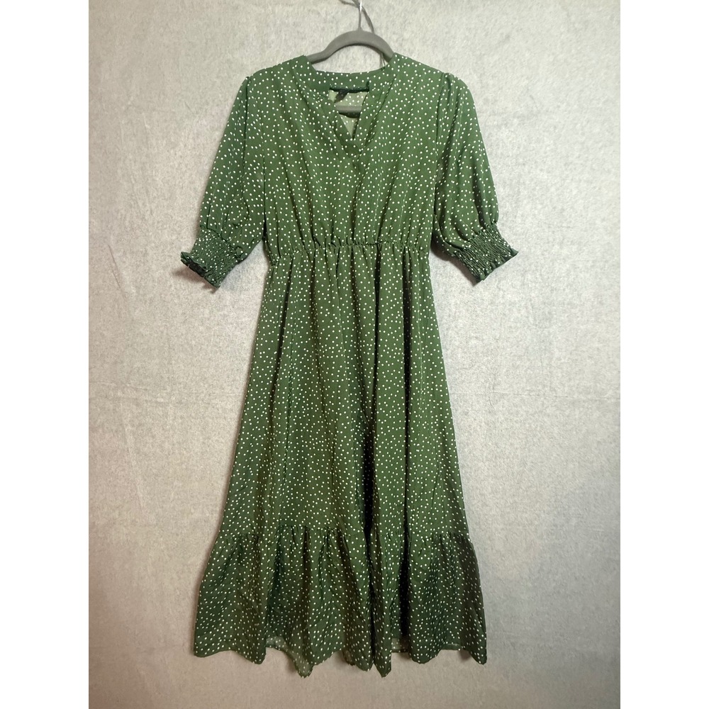 SHEIN Green Polka Dot Midi Dress V-Neck Smocked Puff Sleeve Ruffle Hem Small